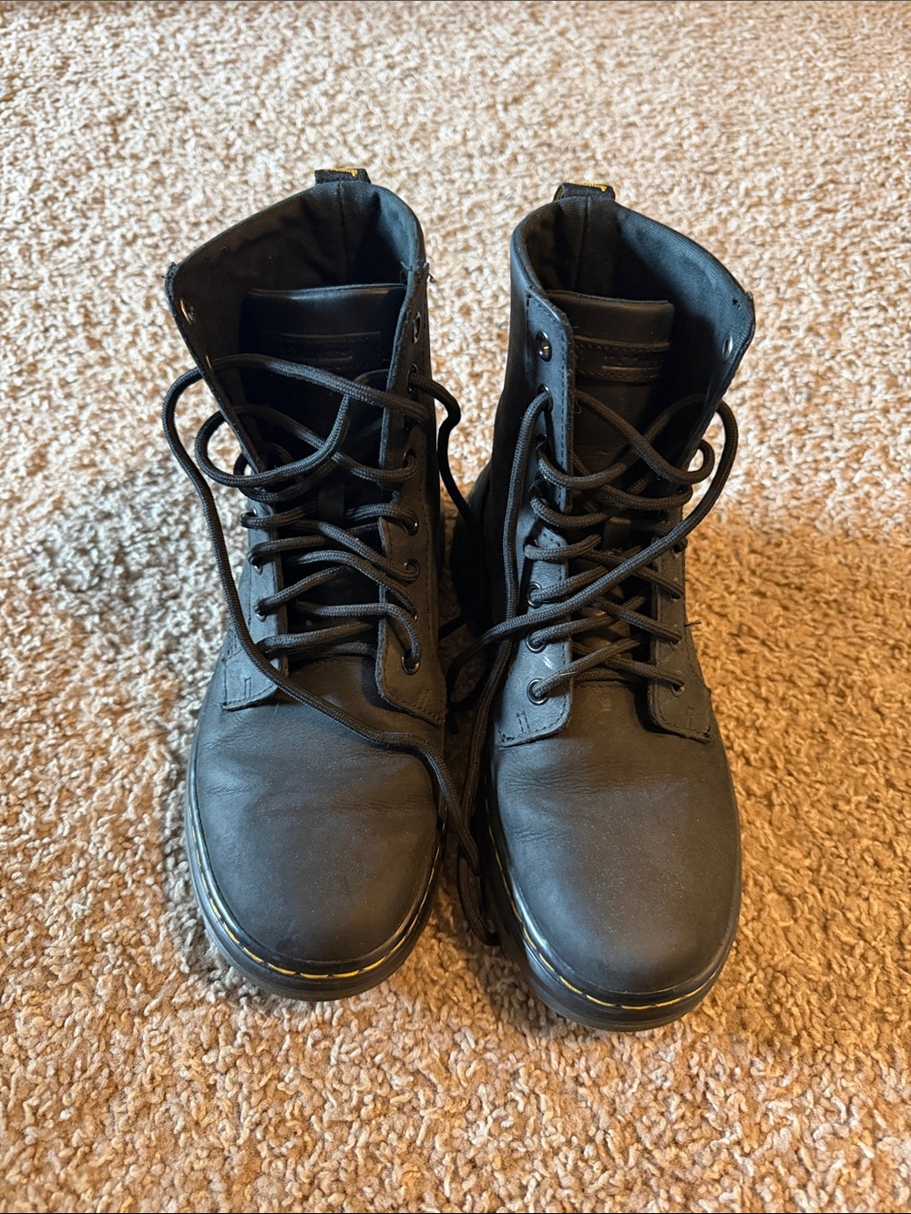 Dr. Martens Black Lace-Up Combat Boots with Yellow Stitching women’s 7